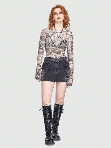 ROMWE PUNK Paisley Print Mesh Bodysuit Without Bra