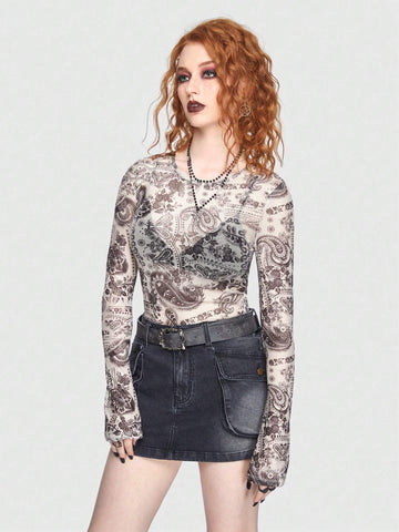 ROMWE PUNK Paisley Print Mesh Bodysuit Without Bra