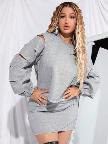 Cut Out Raglan Sleeve Sweatshirt & Skirt