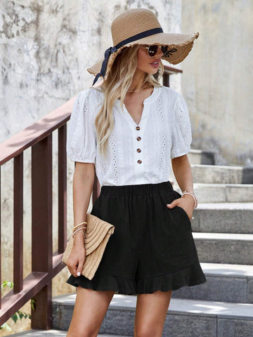 Solid Ruffle Hem Wide Leg Shorts
