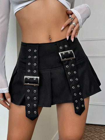 ICON Solid Buckle Detail Pleated Hem Skirt