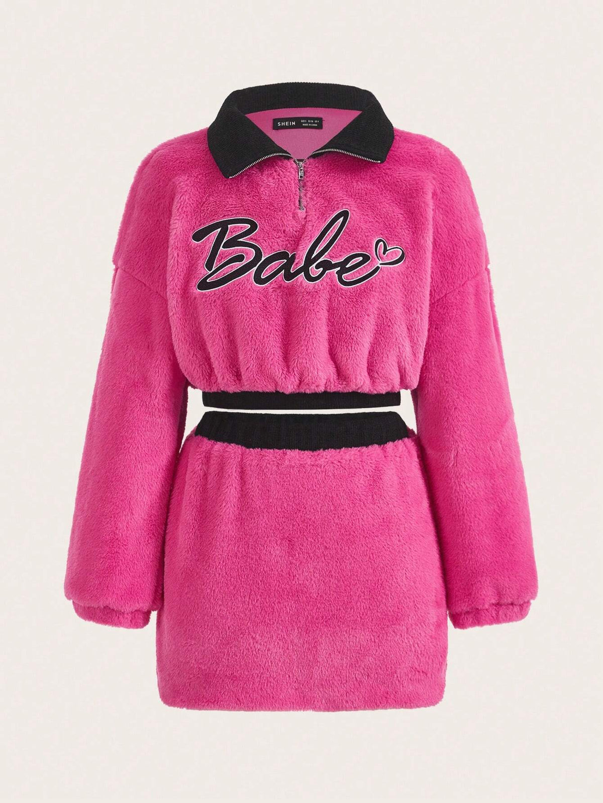 Letter Embroidery Drop Shoulder Crop Teddy Sweatshirt & Skirt