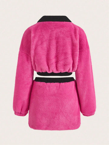 Letter Embroidery Drop Shoulder Crop Teddy Sweatshirt & Skirt