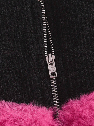 Letter Embroidery Drop Shoulder Crop Teddy Sweatshirt & Skirt