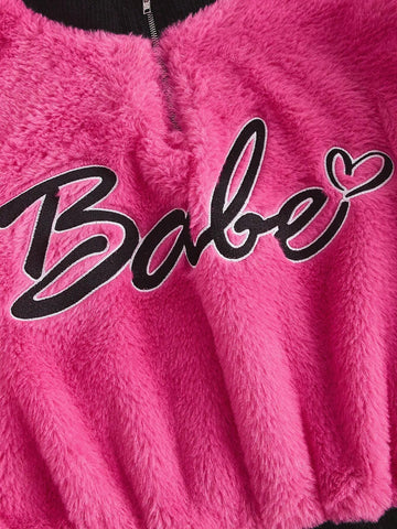 Letter Embroidery Drop Shoulder Crop Teddy Sweatshirt & Skirt