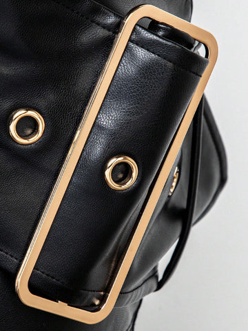 PU Leather Tube Top & Buckle Detail Skirt Set