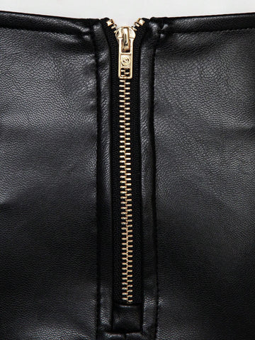 PU Leather Tube Top & Buckle Detail Skirt Set