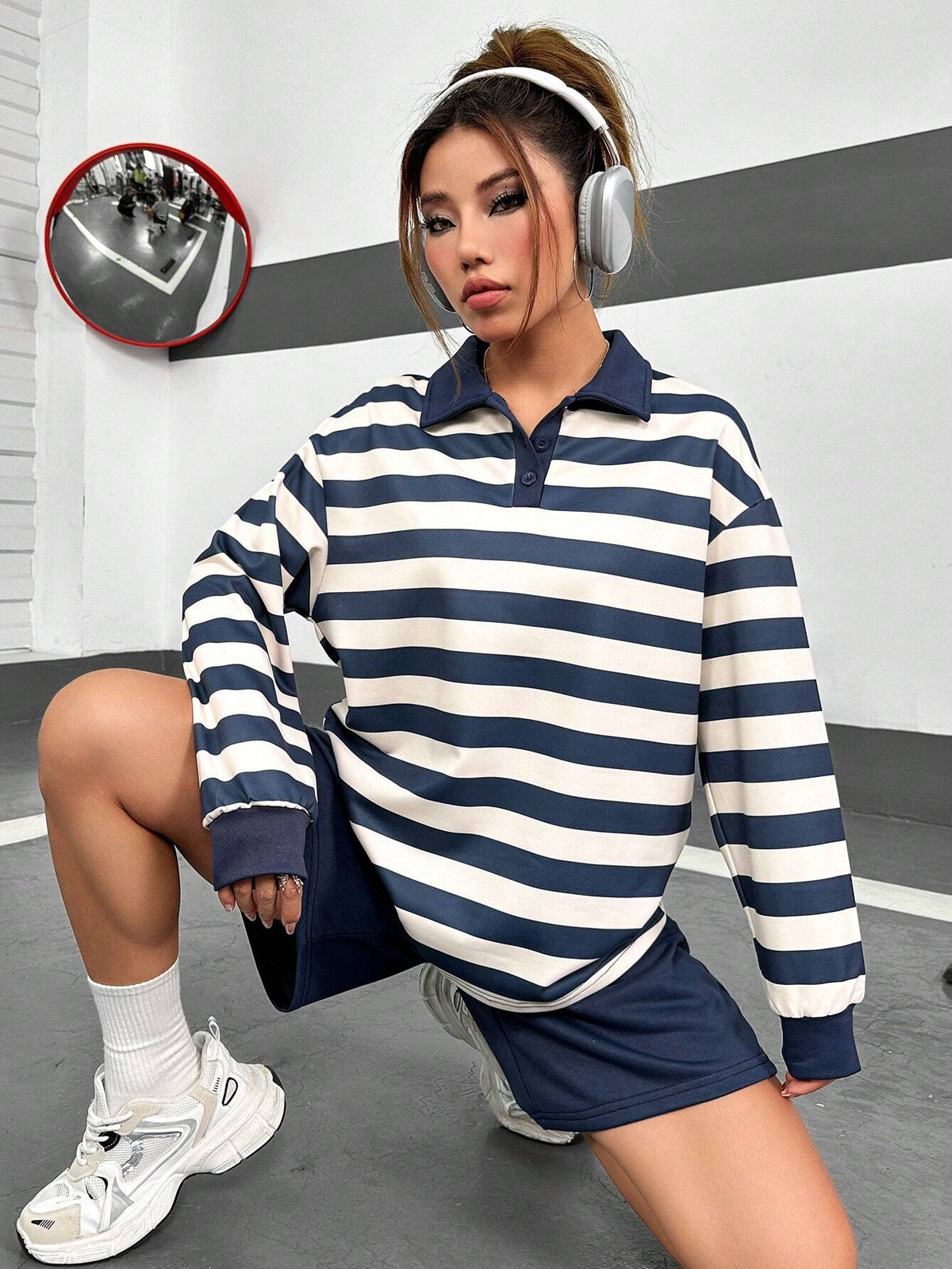 Striped Print Polo Neck Drop Shoulder Tee & Shorts