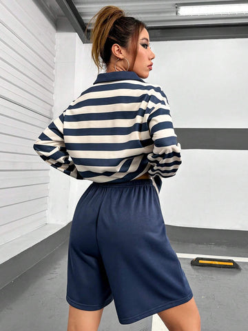 Striped Print Polo Neck Drop Shoulder Tee & Shorts