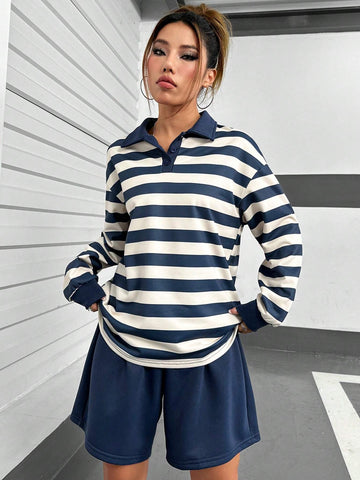 Striped Print Polo Neck Drop Shoulder Tee & Shorts
