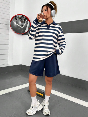 Striped Print Polo Neck Drop Shoulder Tee & Shorts