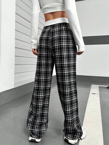 EZwear Plaid Print Straight Leg Pants