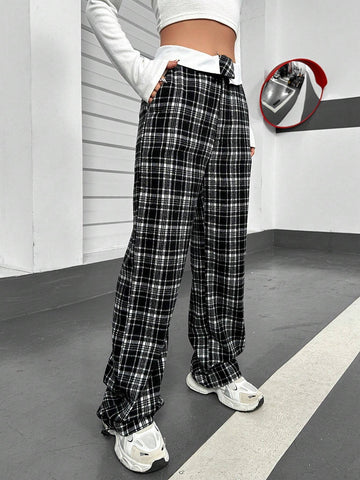 EZwear Plaid Print Straight Leg Pants