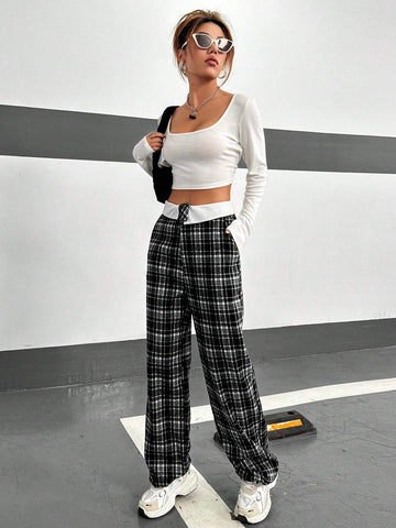 EZwear Plaid Print Straight Leg Pants