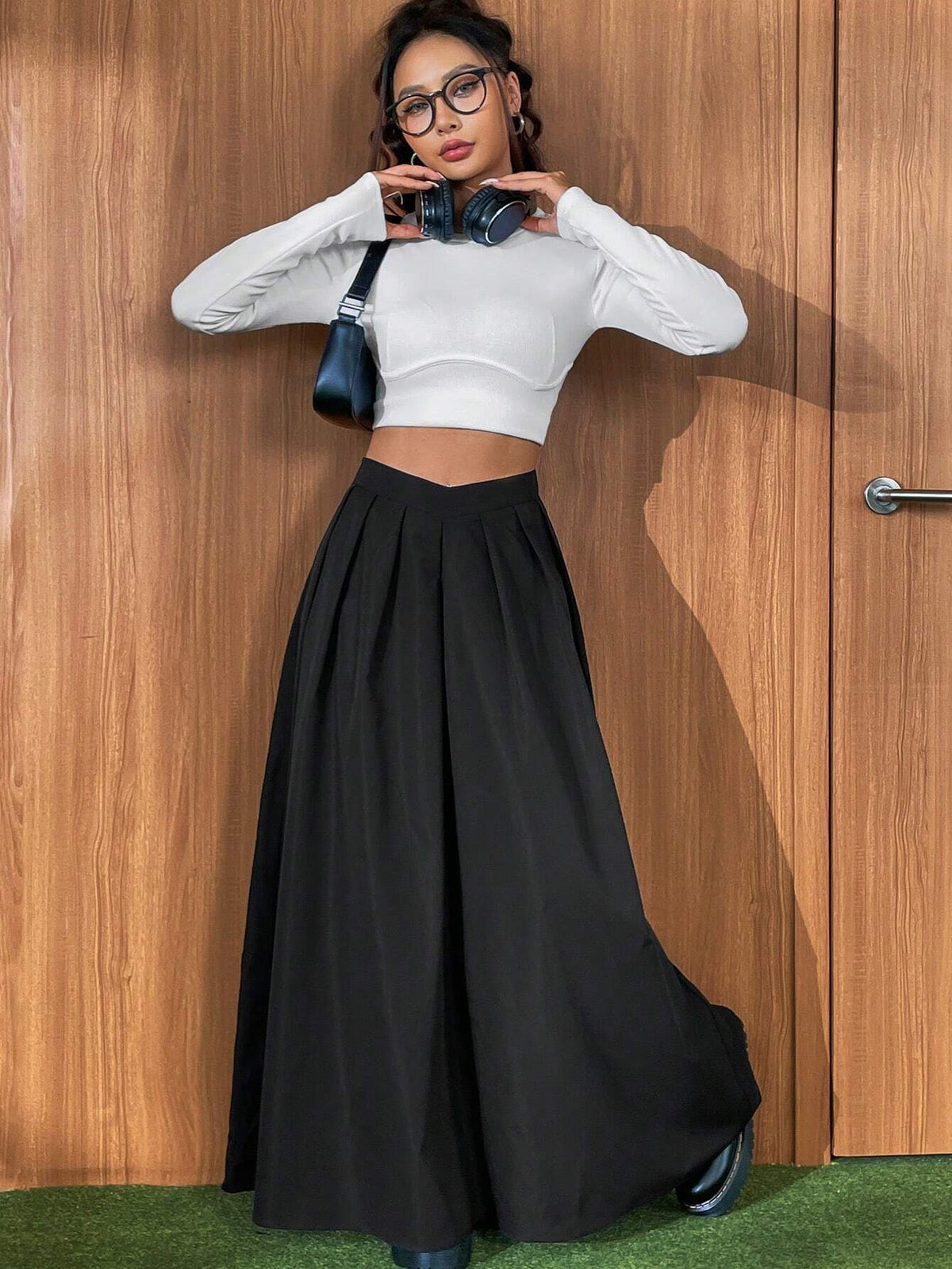 EZwear Solid Fold Pleated Skirt