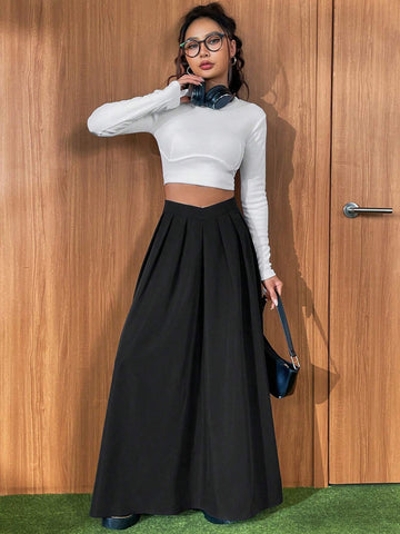 EZwear Solid Fold Pleated Skirt