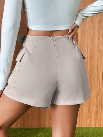 EZwear Solid Buckled Detail Wrap Hem Skort