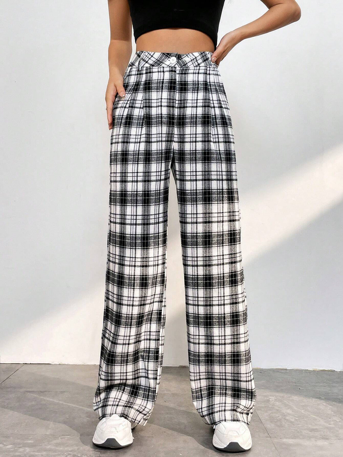 EZwear Plaid Print Straight Leg Pants