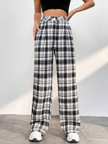 EZwear Plaid Print Straight Leg Pants
