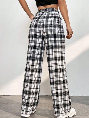EZwear Plaid Print Straight Leg Pants