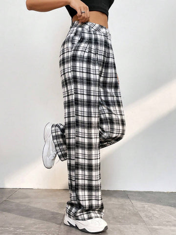 EZwear Plaid Print Straight Leg Pants