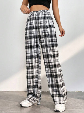 EZwear Plaid Print Straight Leg Pants
