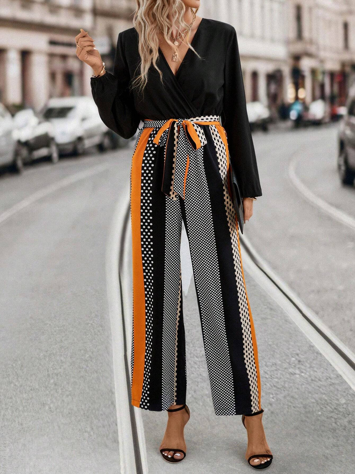 Polka Dot Print Belted Wide Leg Jumpsuit