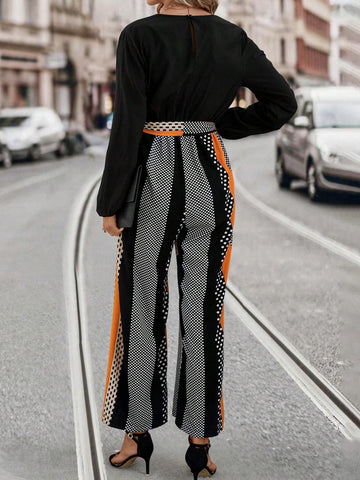Polka Dot Print Belted Wide Leg Jumpsuit
