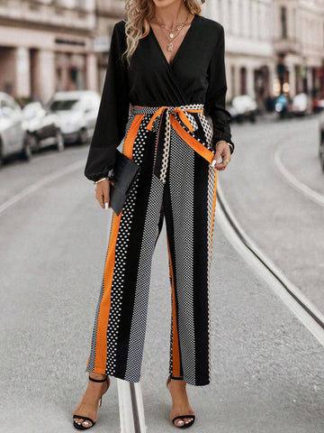 Polka Dot Print Belted Wide Leg Jumpsuit