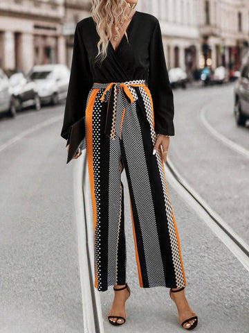Polka Dot Print Belted Wide Leg Jumpsuit