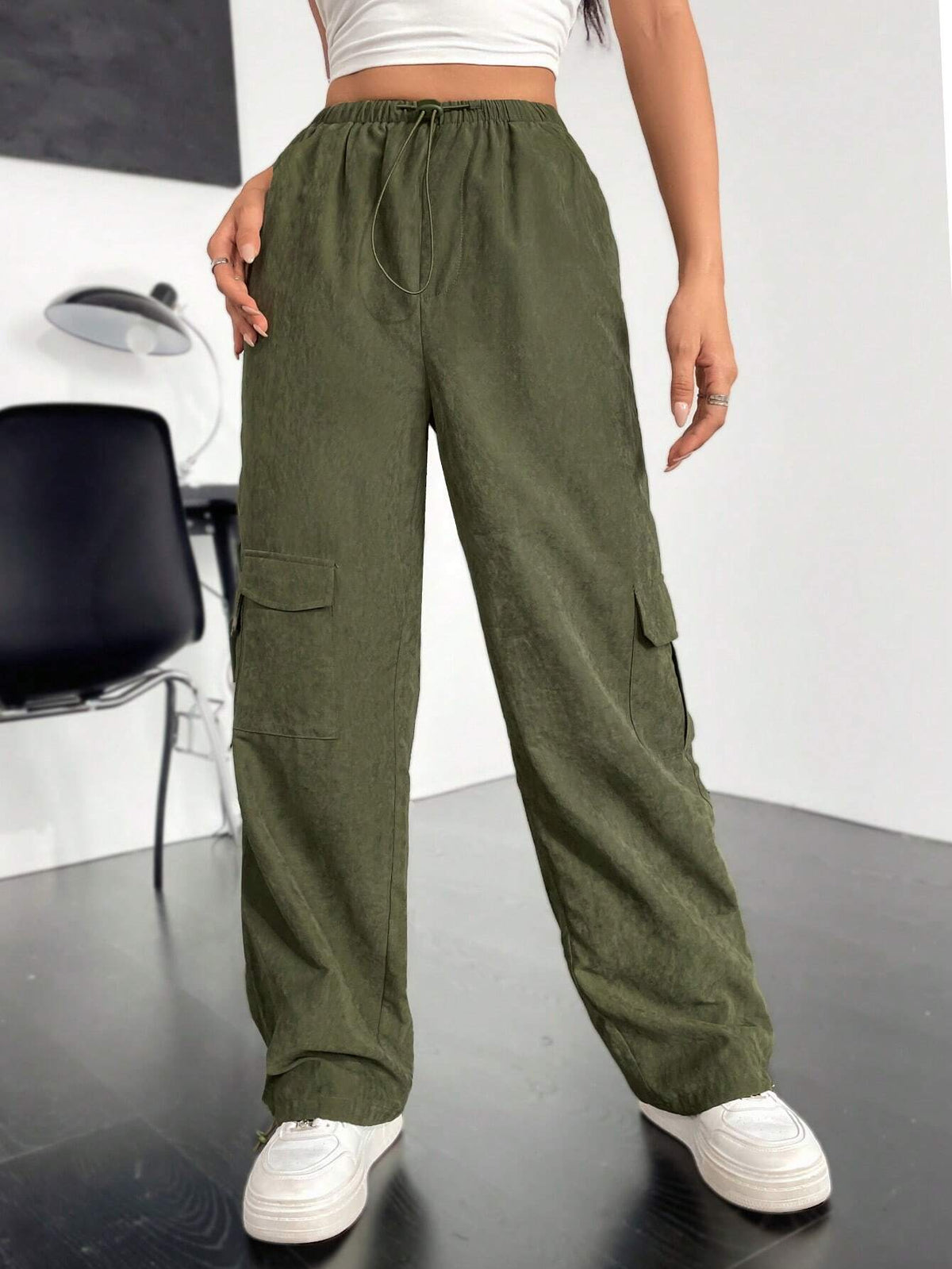 EZwear Flap Pocket Side Drawstring Waist Cargo Pants