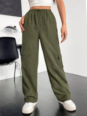 EZwear Flap Pocket Side Drawstring Waist Cargo Pants
