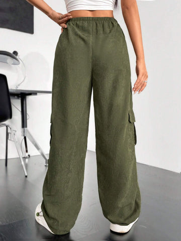 EZwear Flap Pocket Side Drawstring Waist Cargo Pants