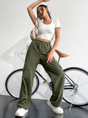 EZwear Flap Pocket Side Drawstring Waist Cargo Pants