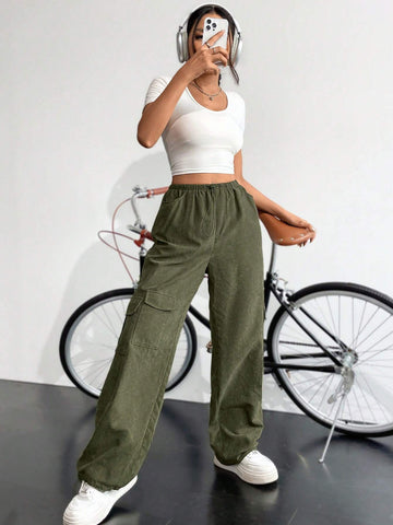 EZwear Flap Pocket Side Drawstring Waist Cargo Pants