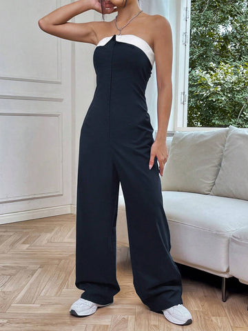 Two Tone Backless Wide Leg Tube Jumpsuit