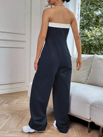 Two Tone Backless Wide Leg Tube Jumpsuit