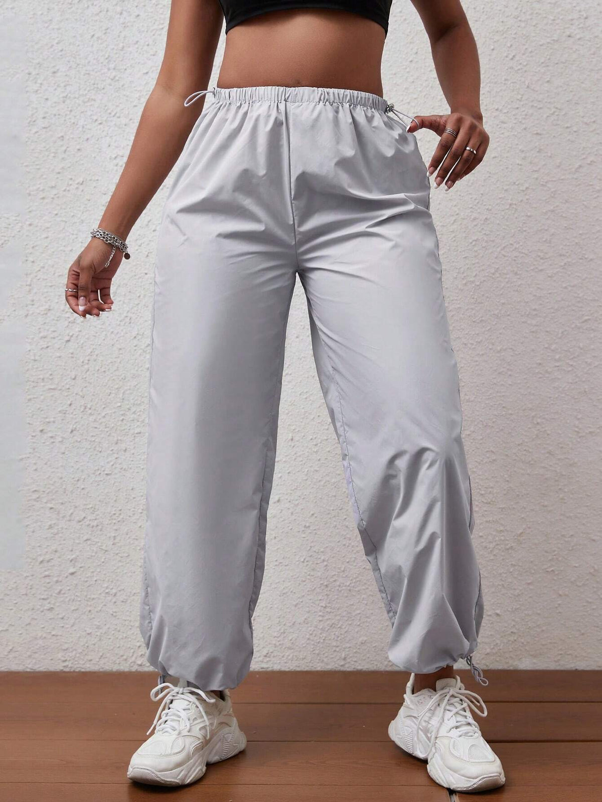Solid Drawstring Hem Pants