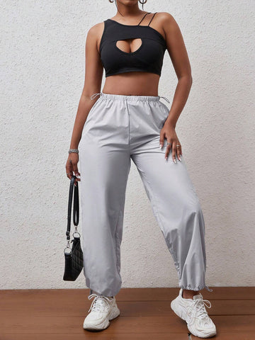 Solid Drawstring Hem Pants