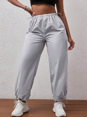Solid Drawstring Hem Pants