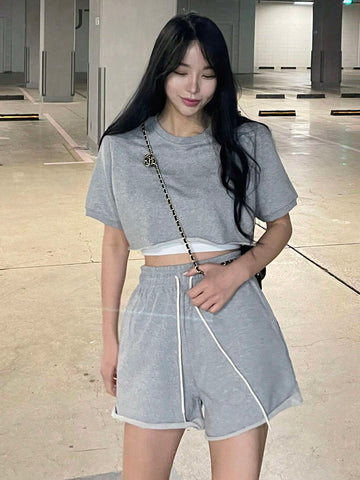 DAZY Solid Crop Tee & Drawstring Waist Shorts