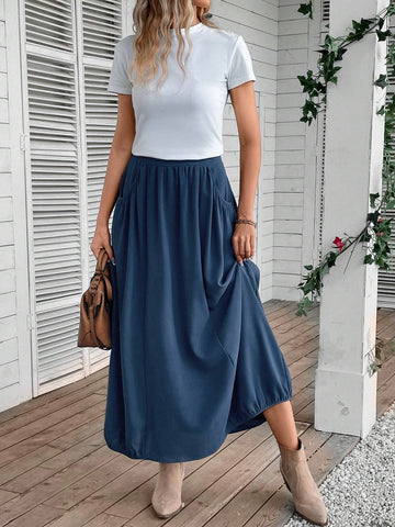 EMERY ROSE Solid Elastic Waist Flare Skirt
