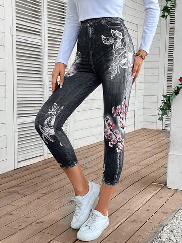 EMERY ROSE Denim-Effect & Floral Print Leggings