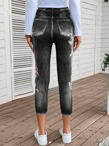 EMERY ROSE Denim-Effect & Floral Print Leggings