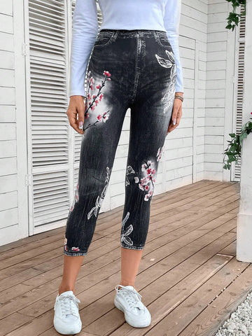 EMERY ROSE Denim-Effect & Floral Print Leggings