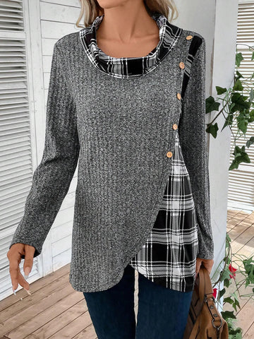 Plaid Print Button Detail Asymmetrical Hem Tee