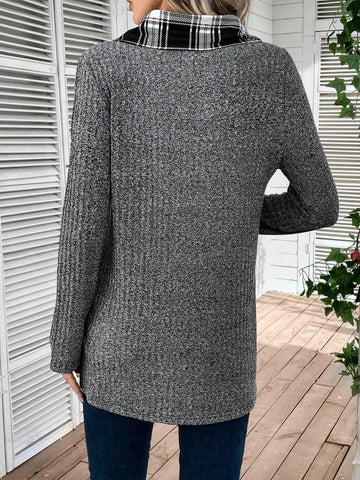 Plaid Print Button Detail Asymmetrical Hem Tee