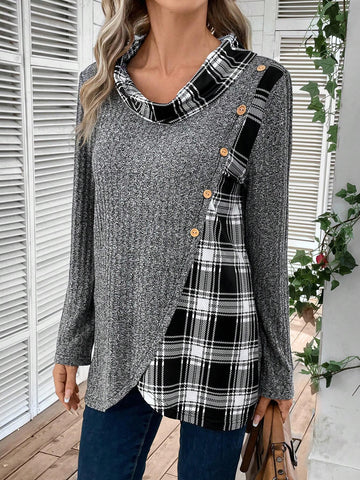 Plaid Print Button Detail Asymmetrical Hem Tee