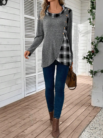 Plaid Print Button Detail Asymmetrical Hem Tee