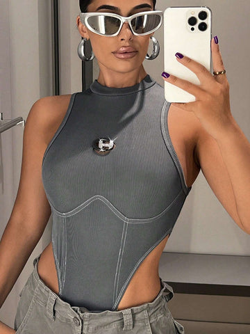 Letter Patched Detail Mock Neck High Cut Tank Bodysuit